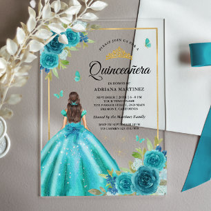 Aqua Blauwe Bloemjurk Vlinder Goud Quinceanera Acryl Uitnodigingen