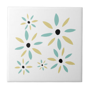 Aqua Blauwe En Gele Midden Mod Retro Bloemen Tegeltje