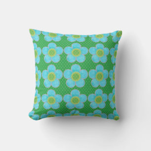 Aqua Blauwe en Groene Stippen Digitale Bloemen Kussen