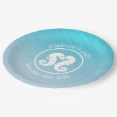 Aqua Blauwe en Witte Zeepaardjes Papieren Borden Papieren Bordje (Gekanteld)