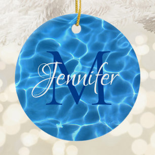 Aqua Blauwe en Witte Zwembad Foto Monogram Keramisch Ornament