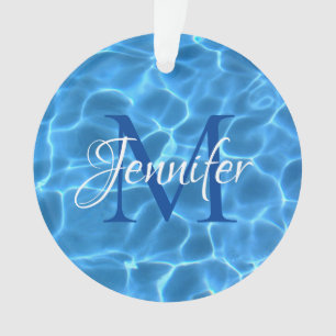 Aqua Blauwe en Witte Zwembad Foto Monogram Ornament