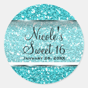Aqua Blauwe Glitter Glam Sweet 16 Aangepast Feest Ronde Sticker