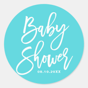 Aqua Blauwe Handgeschreven Aangepaste Baby Shower Ronde Sticker