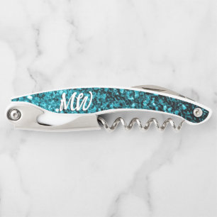 Aqua blauwe nepschittertjes Monogram Kurkentrekker