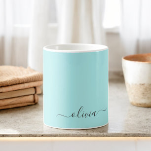 Aqua Blauwe Teal Meisjesachtige Script Monogram Na Koffiemok