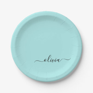 Aqua Blauwe Teal Meisjesachtige Script Monogram Na Papieren Bordje