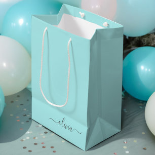 Aqua Blauwe Teal Moderne Script Meisjesachtige Mon Medium Cadeauzakje