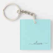 Aqua Blauwe Teal Moderne Script Meisjesachtige Mon Sleutelhanger (voorkant)