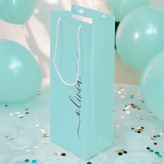 Aqua Blauwe Teal Moderne Script Meisjesachtige Mon Wijn Cadeautas