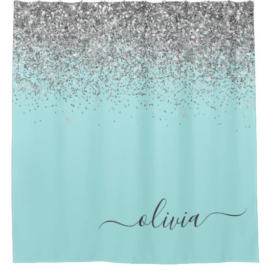 Aqua Blauwe Teal Zilveren Glitter Monogram Douchegordijn (Voorkant)
