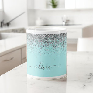 Aqua Blauwe Teal Zilveren Glitter Monogram Extra Grote Beker