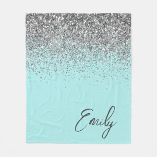 Aqua Blauwe Teal Zilveren Glitter Monogram Fleece Deken