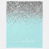 Aqua Blauwe Teal Zilveren Glitter Monogram Fleece Deken (Voorkant)