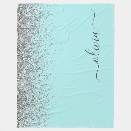 Aqua Blauwe Teal Zilveren Glitter Monogram Fleece Deken (Voorkant)