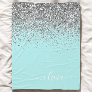 Aqua Blauwe Teal Zilveren Glitter Monogram Fleece Deken