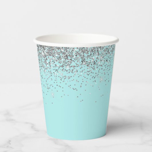 Aqua Blauwe Teal Zilveren Glitter Monogram Koffieb Papieren Bekers (Achterkant)