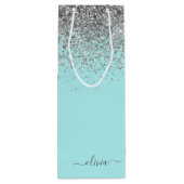 Aqua Blauwe Teal Zilveren Glitter Monogram Wijn Cadeautas (Achterkant)