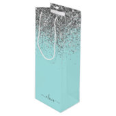 Aqua Blauwe Teal Zilveren Glitter Monogram Wijn Cadeautas (Voorkant Gekanteld)