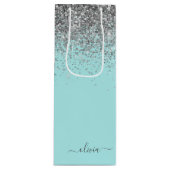 Aqua Blauwe Teal Zilveren Glitter Monogram Wijn Cadeautas (Voorkant)