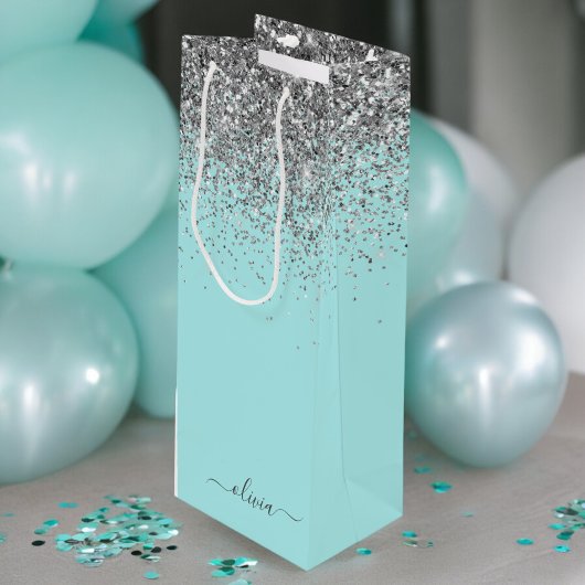Aqua Blauwe Teal Zilveren Glitter Monogram Wijn Cadeautas