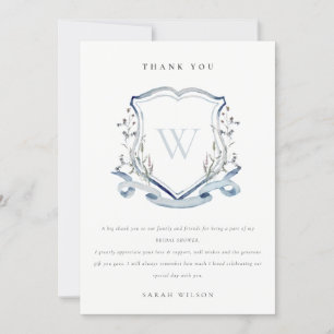 Aqua Blauwe Wilde Bloem Monogram Wapen Trouw Bruil Bedankkaart