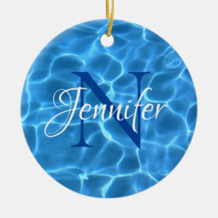 Aqua Blauwe Zwembad Foto Monogram Keramisch Ornament