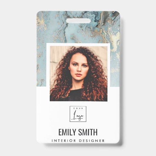 AQUA BLAUWGROEN AGATE WERKNEMER FOTO BAR CODE NAME BADGE (Front)