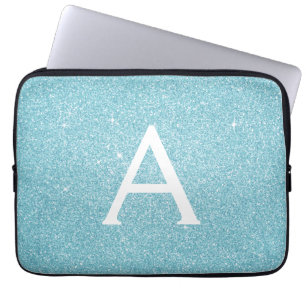 Aqua Blauwgroen Blauw Glitter en Sparkle Monogram Laptop Sleeve