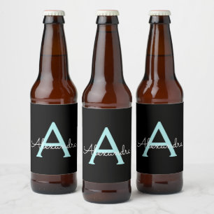 Aqua Blauwgroen Blauw Manuscript Meisjes Monogram  Bier Etiket