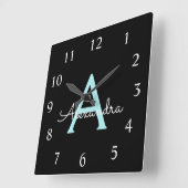 Aqua Blauwgroen Blauw Manuscript Meisjes Monogram Vierkante Klok (Hoek)