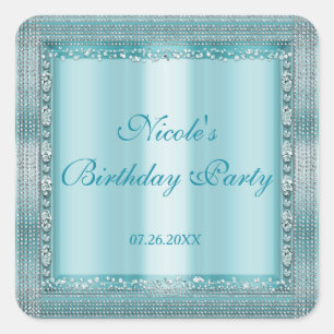 Aqua Blauwgroen Blauw & Zilver Diamant Bling Party Vierkante Sticker