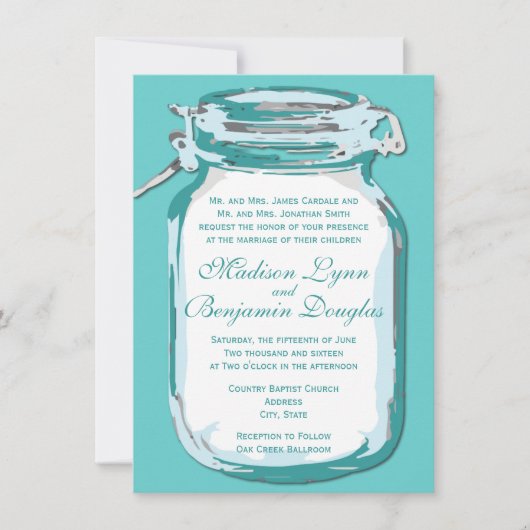 Aqua Blauwgroen Blue Mason Jar Rustic Wedding Invi Kaart (Voorkant)