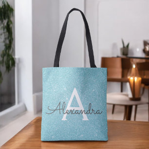 Aqua Blauwgroen Blue Sparkle Elegant Monogram Boek Draagtas