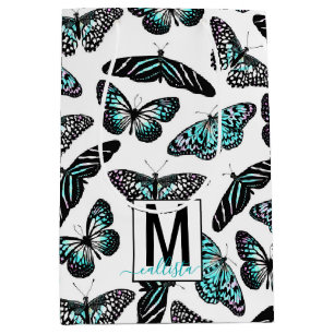 Aqua Blauwgroen Butterflies Waterverf Patroonmonog Medium Cadeauzakje