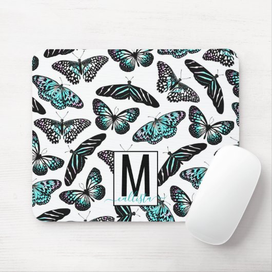 Aqua Blauwgroen Butterflies Waterverf Patroonmonog Muismat (Met muis)
