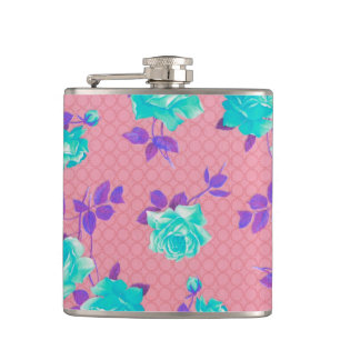 Aqua Blauwgroen en roze Floral Print Heupfles