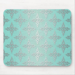 Aqua Blauwgroen en Silvery White Damask Patroon Muismat