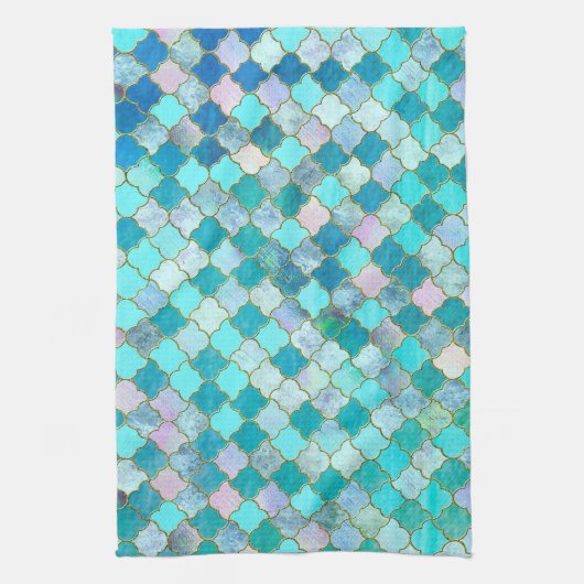 Aqua Blauwgroen Gold Oriental Moroccan Tile Theedoek (Verticaal)