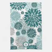 Aqua Blauwgroen Grey Flower Pattern Monogram Theedoek (Verticaal)
