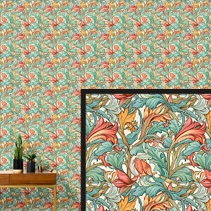 Aqua Blauwgroen Groen Sinaasappel Art Nouveau Behang