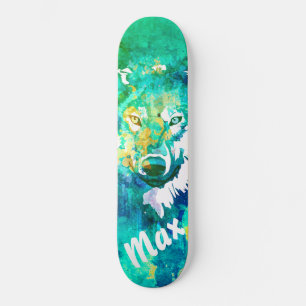 Aqua blauwgroen groen witte waterverf wolvenskateb skateboard