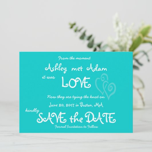Aqua Blauwgroen liefde, hartfoto Opslaan Datum Kaa Save The Date (Staand voorkant)