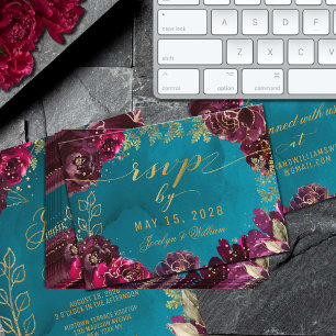 Aqua Blauwgroen Merlot Jewel Tone Gold RSVP Online Visitekaartje