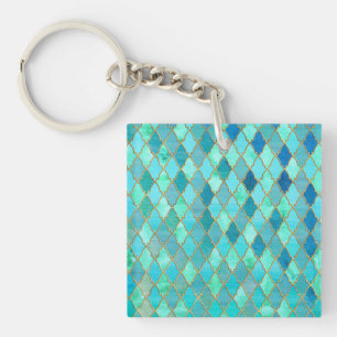 Aqua Blauwgroen Mint Gold Oriental Moroccan Tegel Sleutelhanger