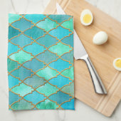 Aqua Blauwgroen Mint Gold Oriental Moroccan Tile Theedoek (Quarter Fold)