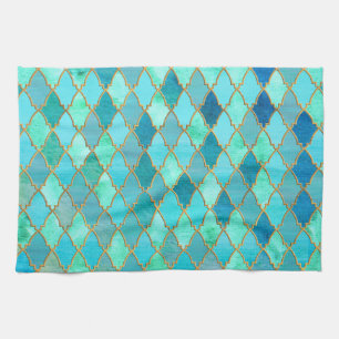 Aqua Blauwgroen Mint Gold Oriental Moroccan Tile Theedoek