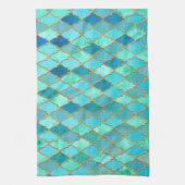 Aqua Blauwgroen Mint Gold Oriental Moroccan Tile Theedoek (Verticaal)