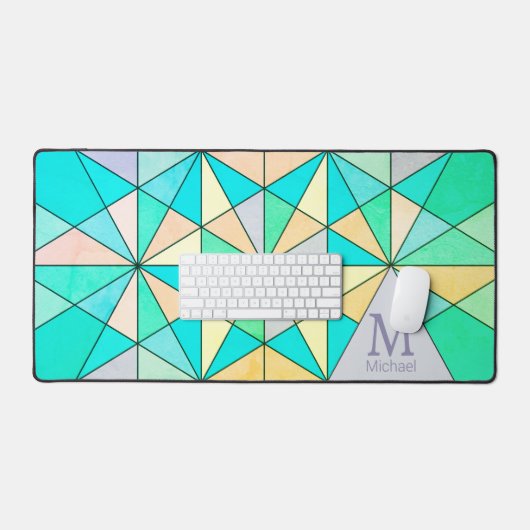 Aqua blauwgroen retro Mozaïek Driehoek Patroon Mon Bureaumat (Keyboard & Muis)