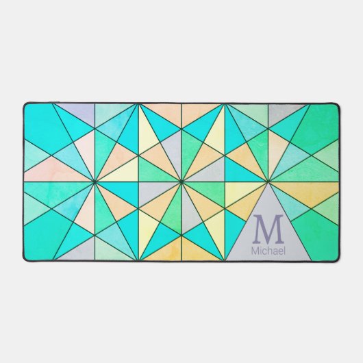 Aqua blauwgroen retro Mozaïek Driehoek Patroon Mon Bureaumat (Voorkant)